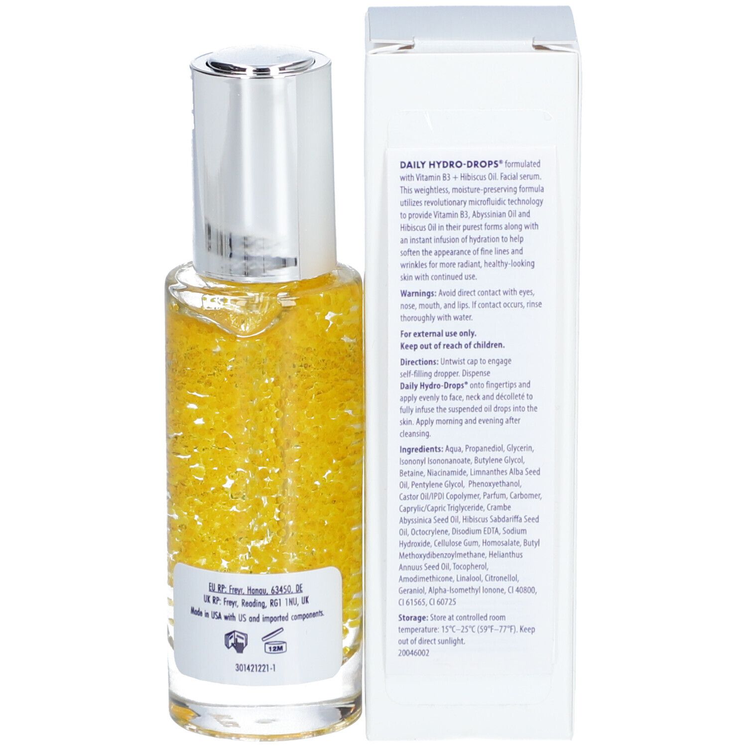 Flacon et emballage du produit. Inscription : OBAGI MEDICAL, DAILY HYDRO-DROPS. Ingrédients et instructions d'utilisation sur l'emballage.