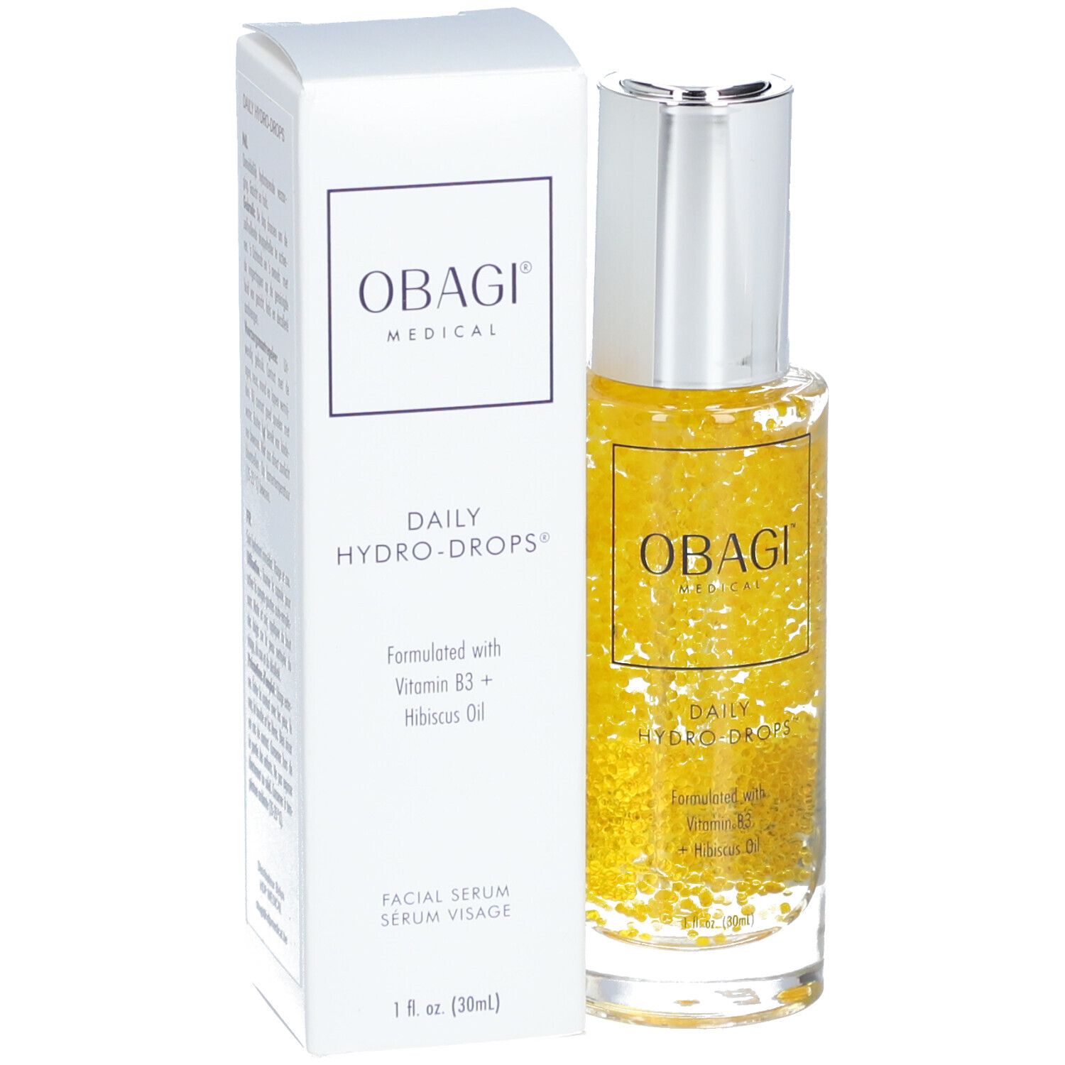 Flacon de sérum et emballage. Inscription : OBAGI MEDICAL, DAILY HYDRO-DROPS. Liquide jaune avec billes dans le flacon.