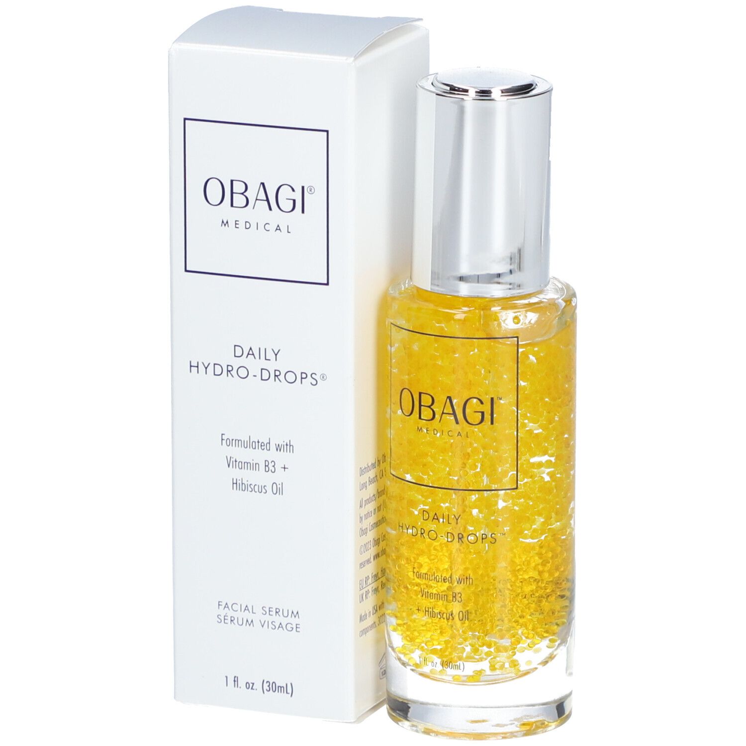 Flacon de sérum et emballage. Inscription : OBAGI MEDICAL, DAILY HYDRO-DROPS. Liquide jaune avec billes dans le flacon.