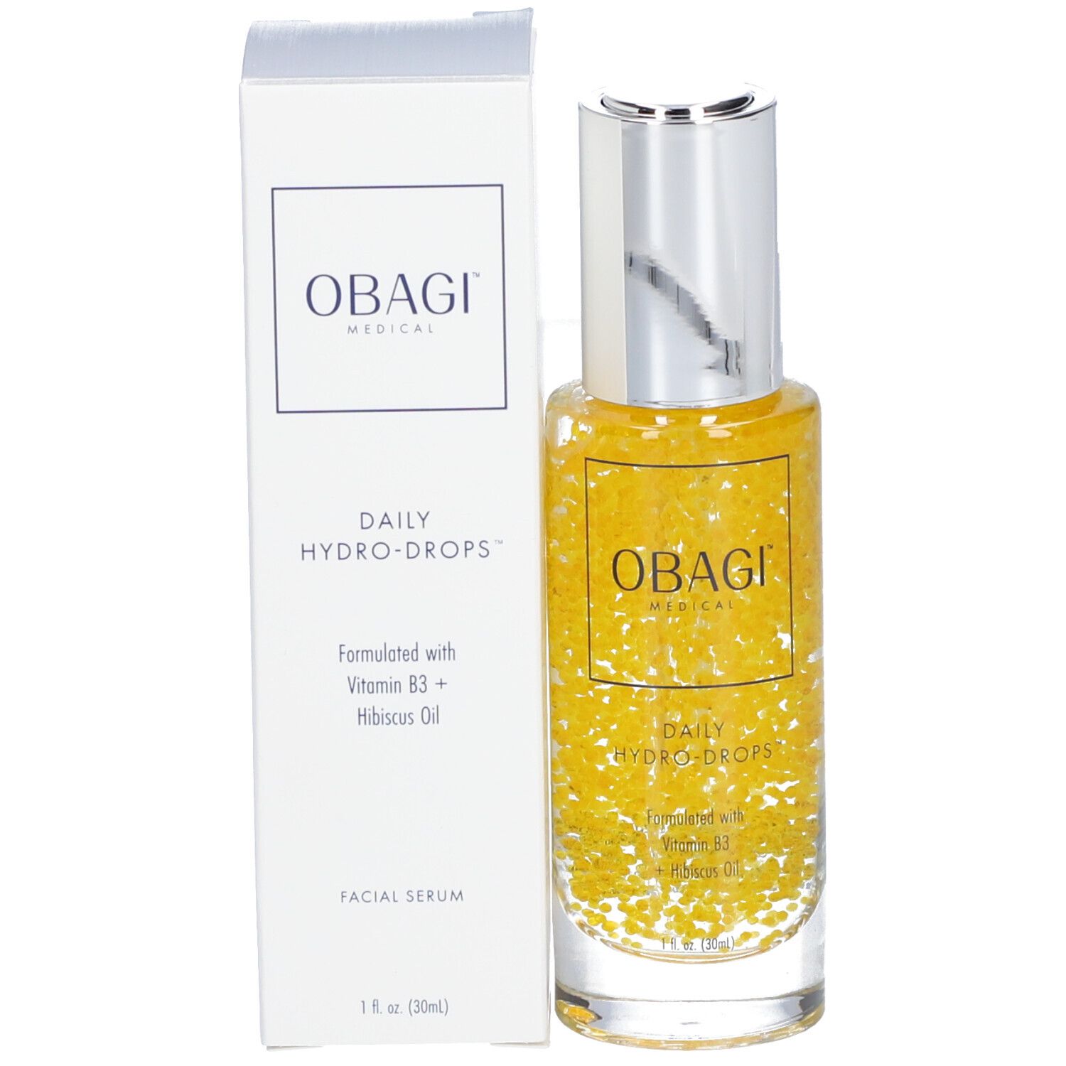 Flacon de sérum et emballage. Inscription : OBAGI MEDICAL, DAILY HYDRO-DROPS. Liquide jaune avec billes dans le flacon.