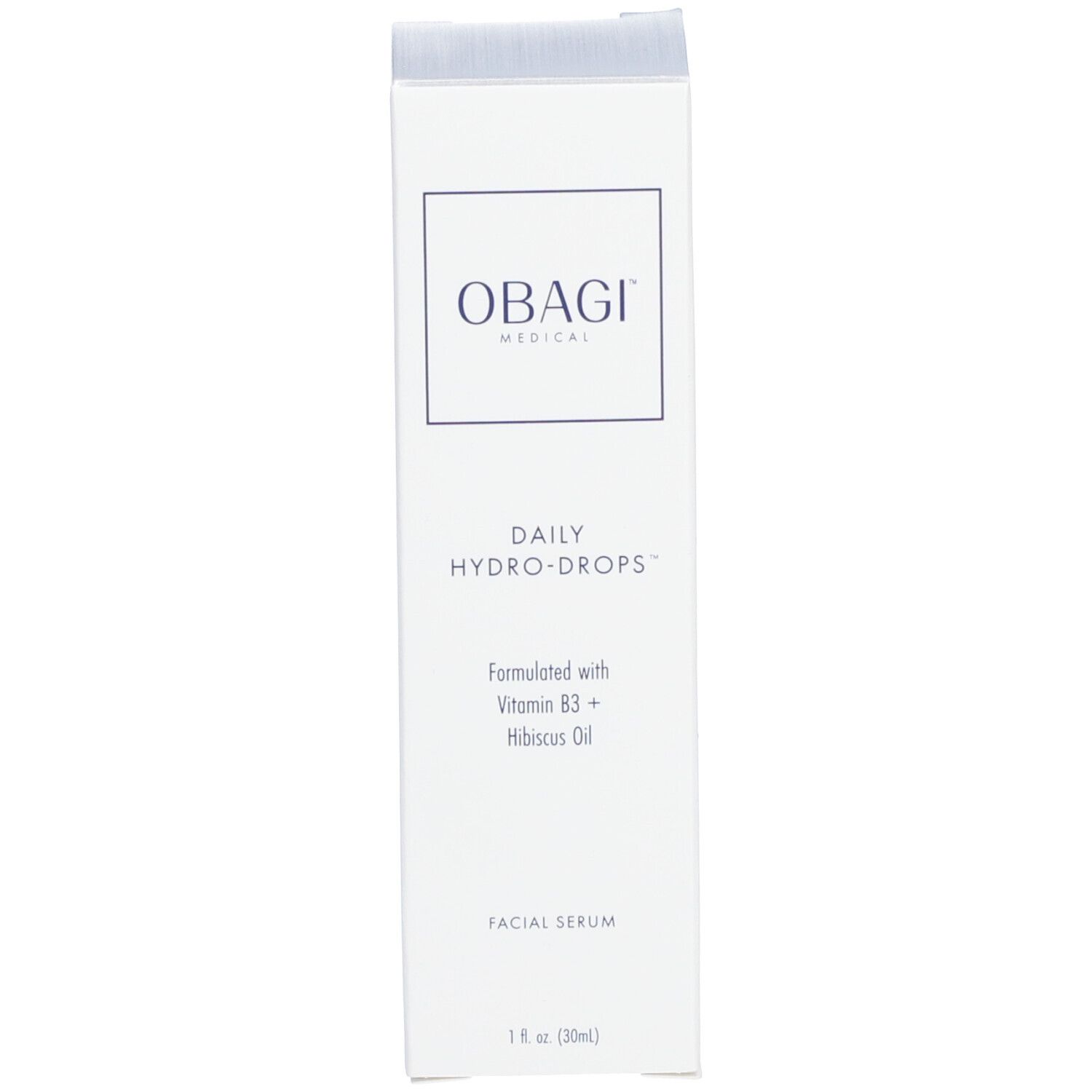 Emballage du produit. Inscription : OBAGI MEDICAL, DAILY HYDRO-DROPS. Texte sur le produit et ingrédients.