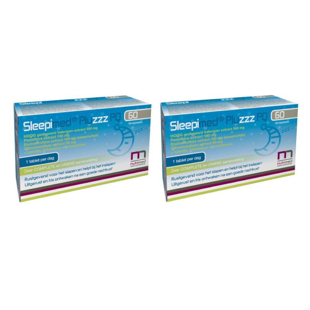 Deux boîtes de Sleepimed PluZZZ PQ, 60 comprimés. Emballage bleu avec nom et ingrédients. Logo Nutrimed.