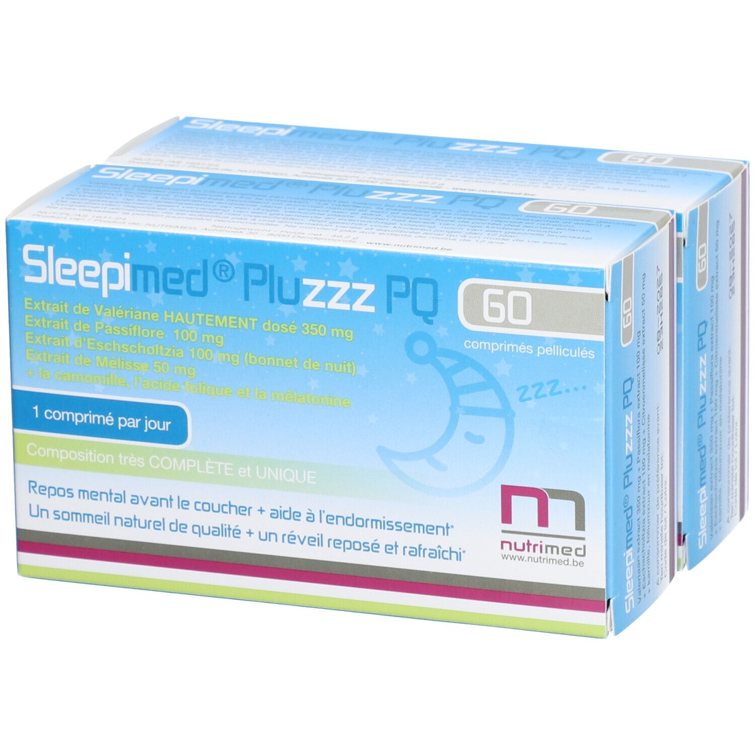Verpakking Sleepimed PluZZZ PQ, 60 tabletten. Blauwe verpakking met productnaam en ingrediënten. Nutrimed logo.