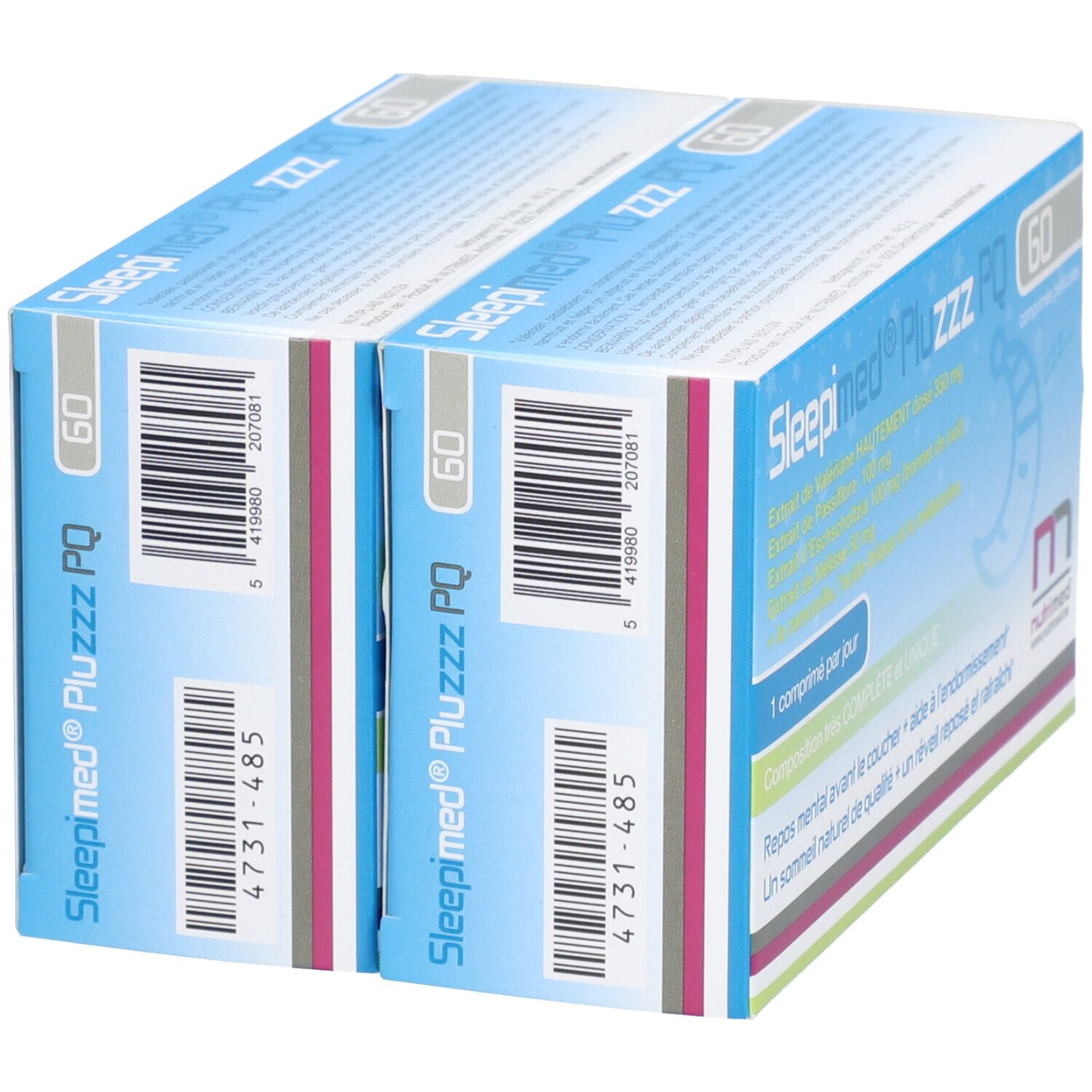Twee verpakkingen Sleepimed PluZZZ PQ, 60 tabletten. Blauwe verpakking met naam en ingrediënten. Nutrimed logo.