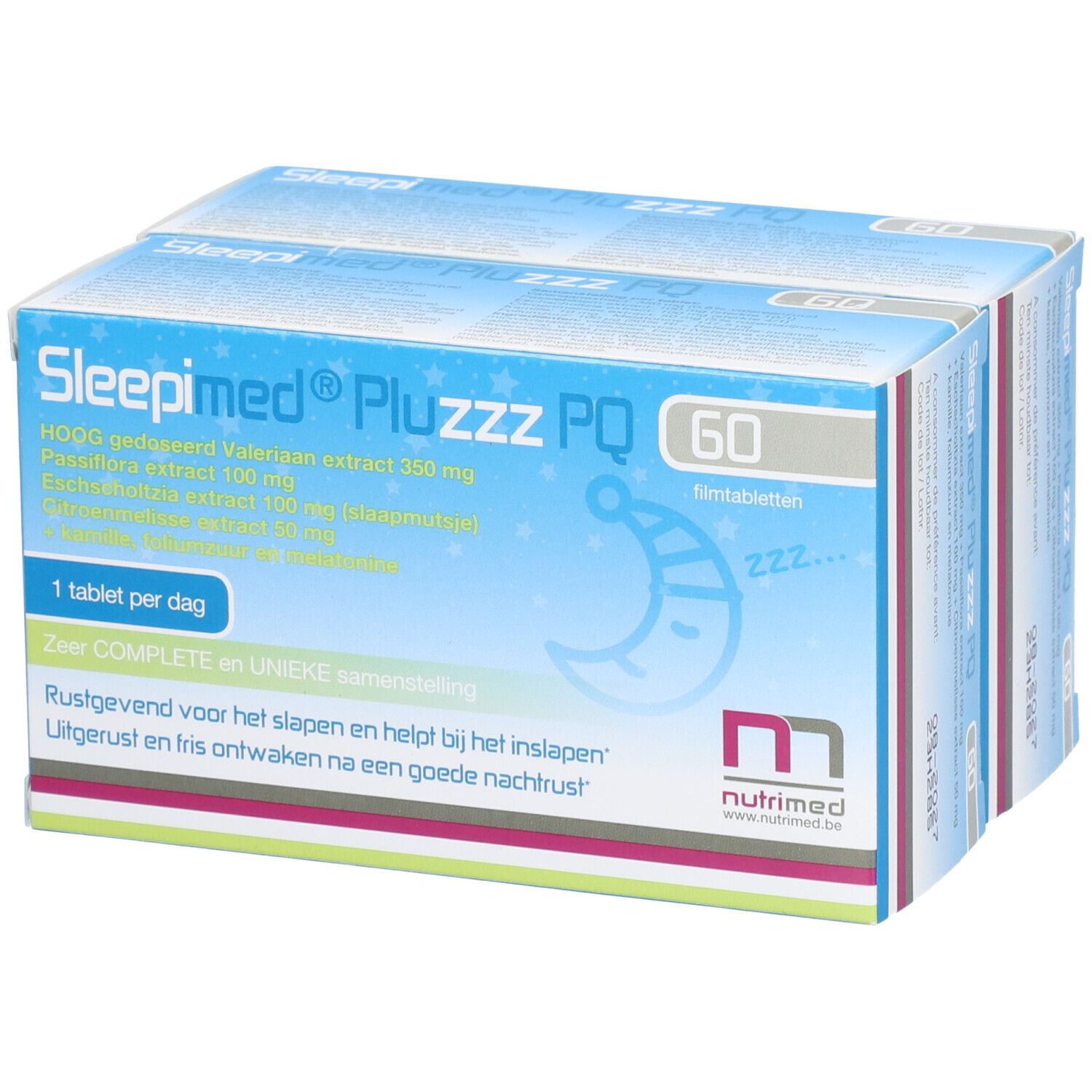 Verpakking Sleepimed PluZZZ PQ, 60 filmomhulde tabletten. Blauwe verpakking met naam en ingrediënten. Nutrimed logo.