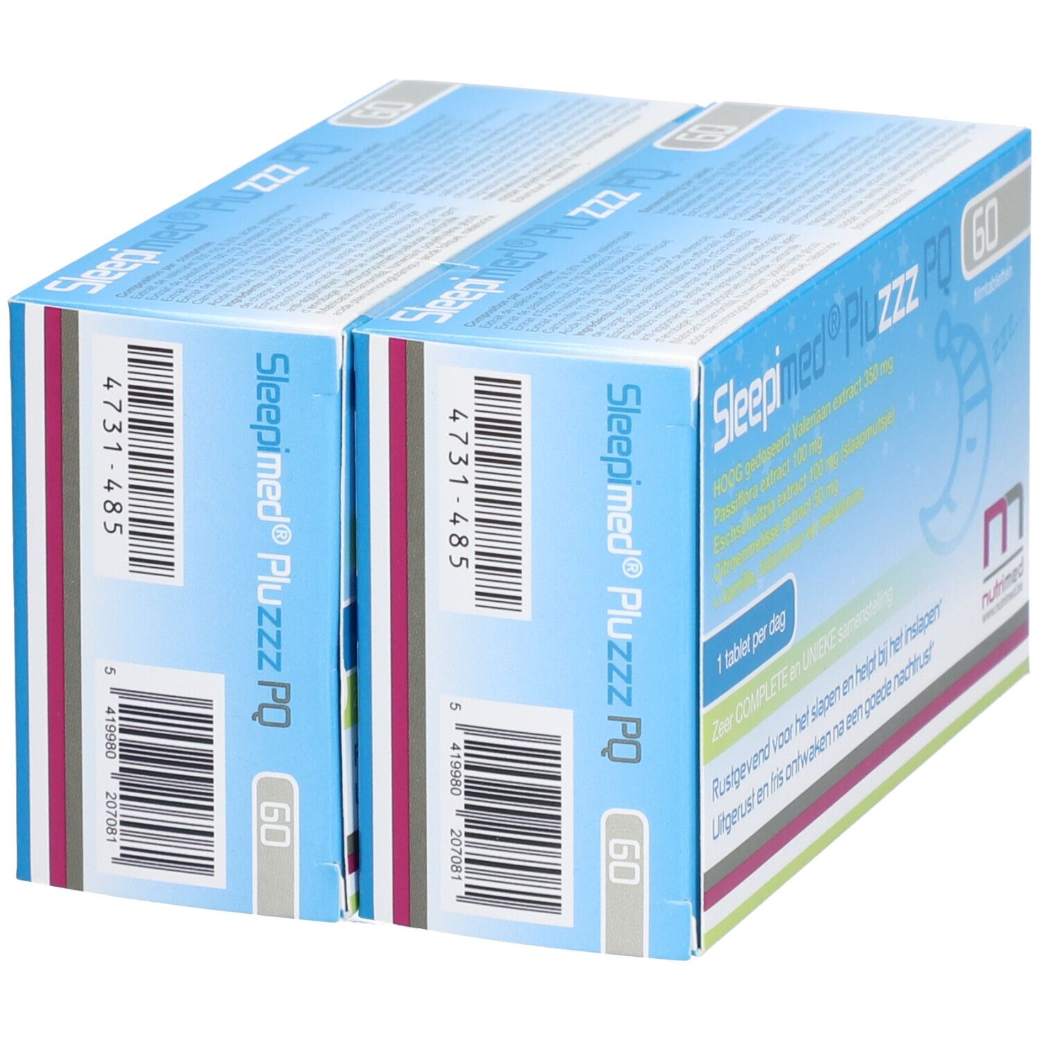 Twee verpakkingen Sleepimed PluZZZ PQ, 60 filmomhulde tabletten. Blauwe verpakking met naam en ingrediënten. Nutrimed logo.