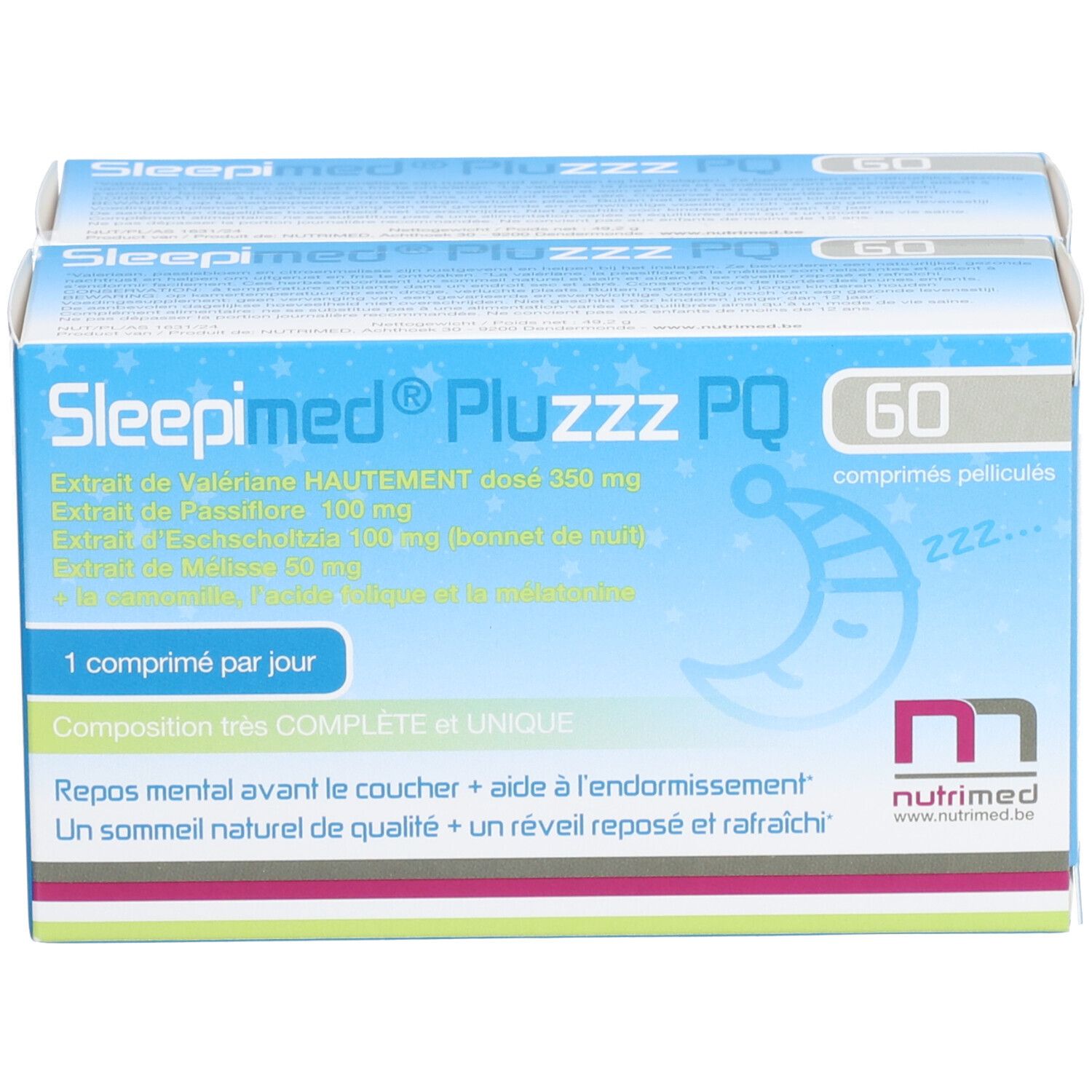 Verpakking Sleepimed PluZZZ PQ, 60 tabletten. Blauwe verpakking met productnaam en ingrediënten. Nutrimed logo.