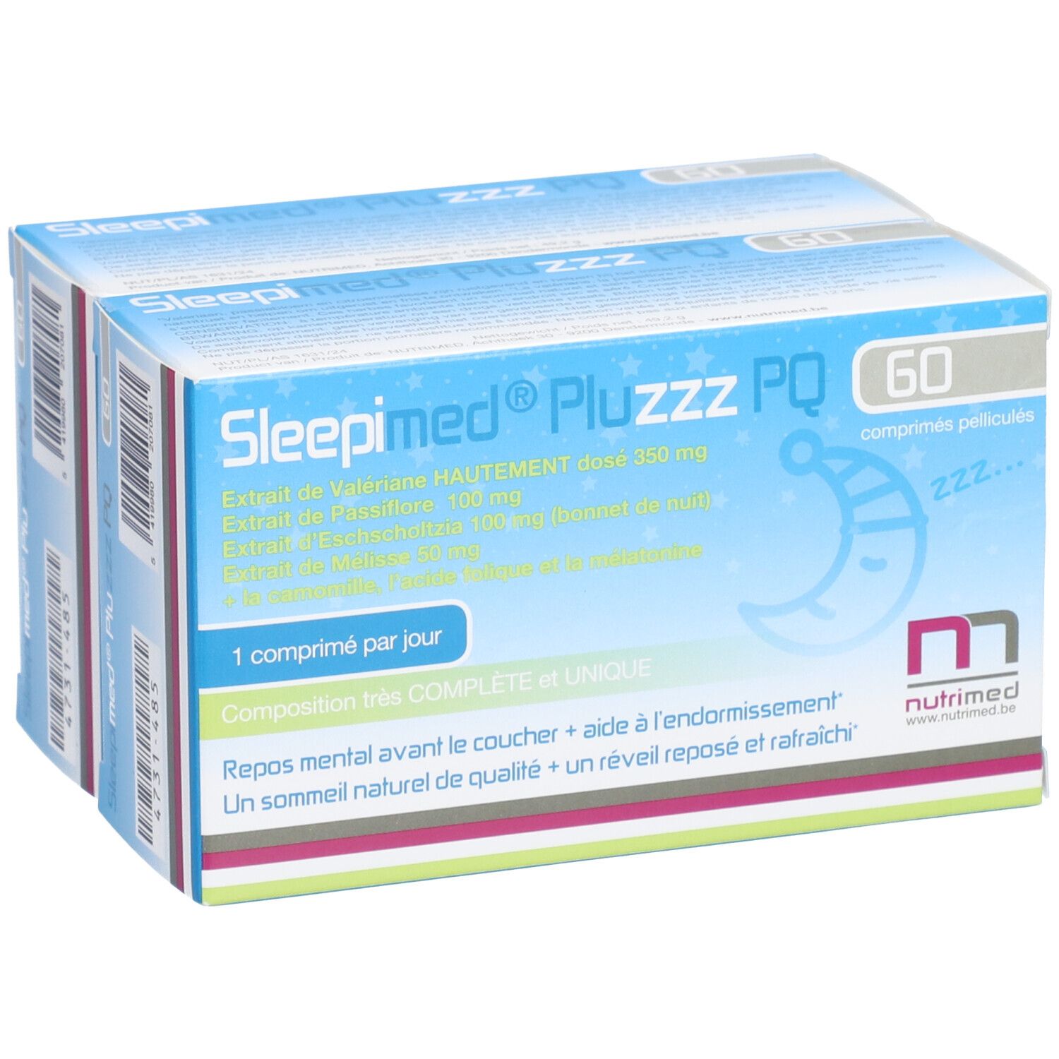 Drie verpakkingen Sleepimed PluZZZ PQ, 60 tabletten. Blauwe verpakking met naam en ingrediënten. Nutrimed logo.