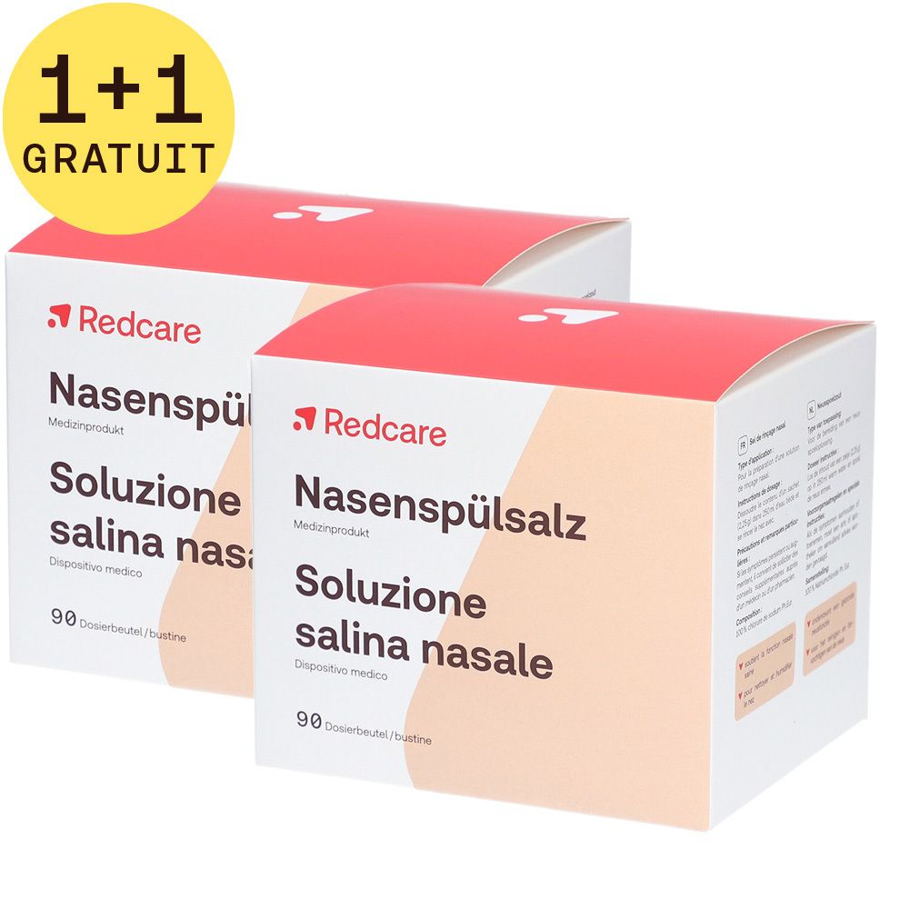 Deux boîtes de Redcare Solution pour Lavage Nasal. Inscription : 1+1 GRATUIT. Dispositif médical. 90 sachets.