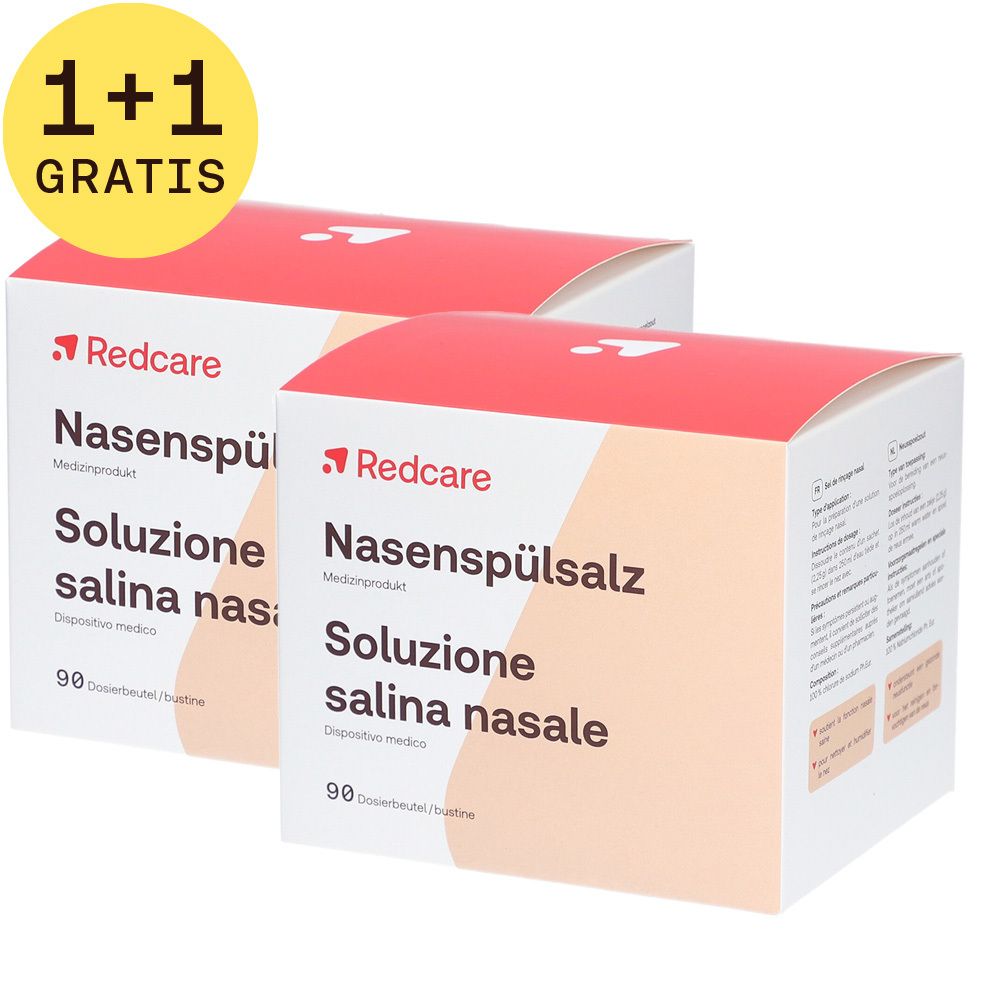 Twee dozen Redcare Neusspoeling. Opschrift: 1+1 GRATIS. Medisch hulpmiddel. 90 zakjes.