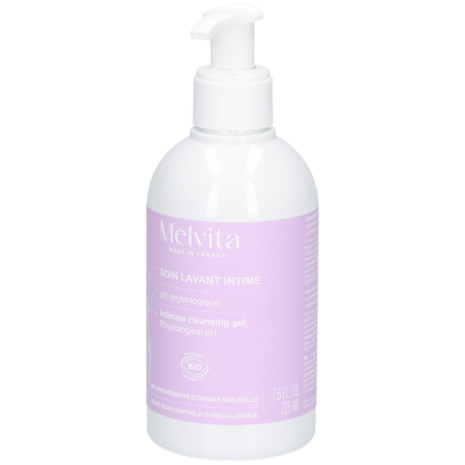 Melvita Intimreinigungsgel mit Pumpspender. Flakon mit lila Etikett, "pH physiologique" Angabe.