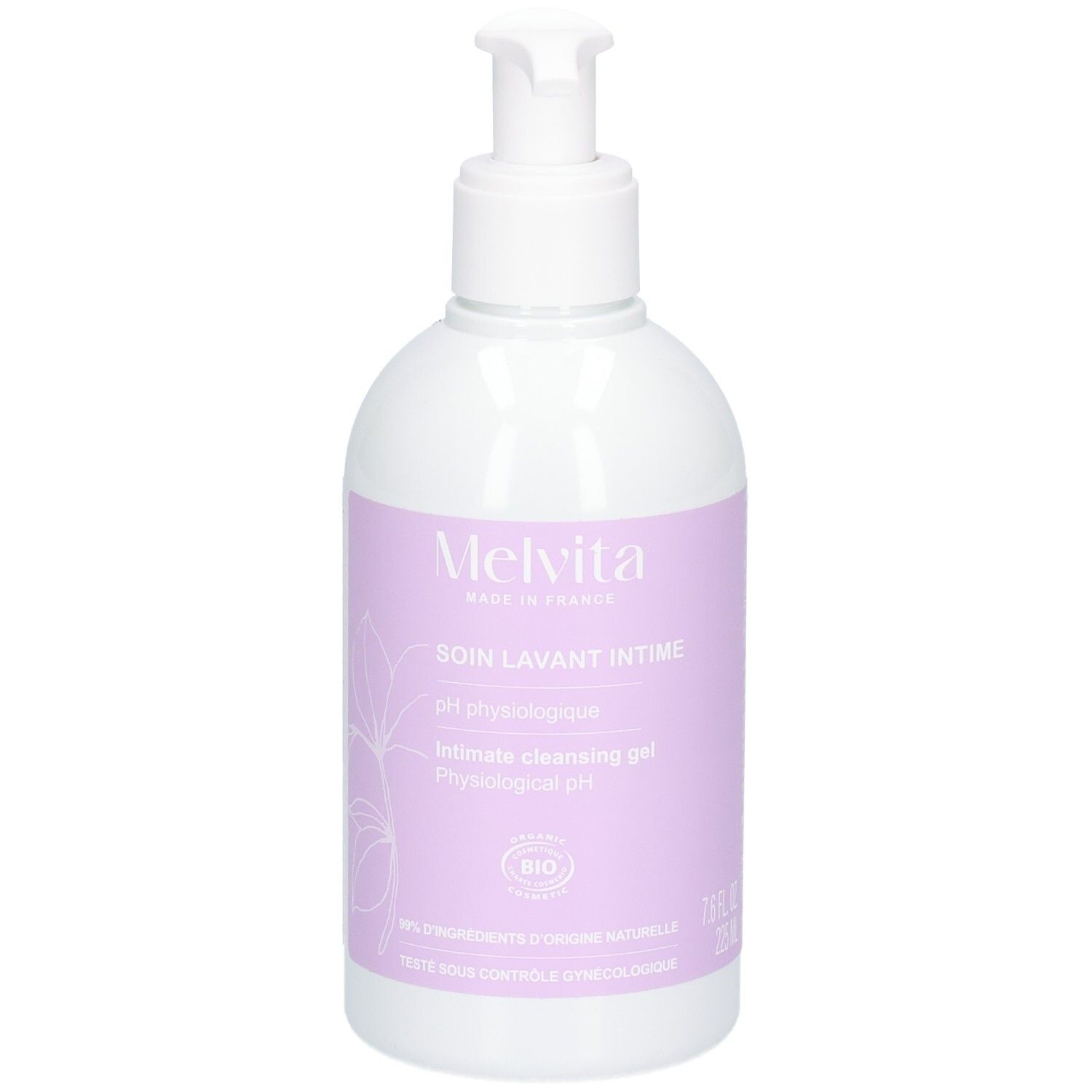 Melvita Intimreinigungsgel mit Pumpspender. Weißer Flakon mit lila Etikett und Bio-Siegel.