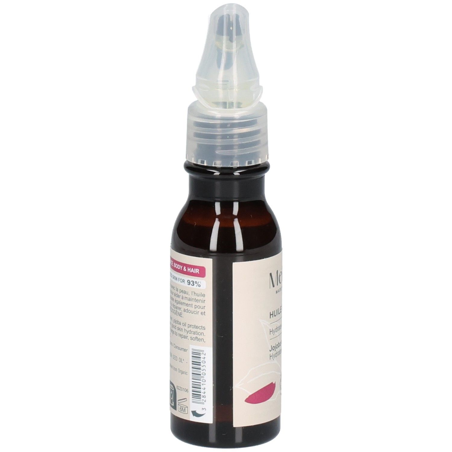 Flacon en verre brun avec applicateur. Étiquette avec informations produit et ingrédients. Certification BIO.