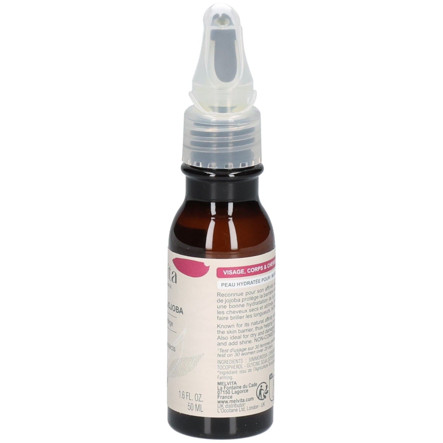 Flacon en verre brun avec applicateur. Étiquette avec informations produit. Certification BIO. Pour visage, corps et cheveux.