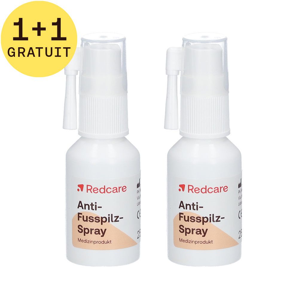 Deux flacons spray blancs avec logo Redcare rouge et texte. Inscription : Anti-Fongique pour les Pieds. Cercle jaune avec "1+1 GRATUIT".