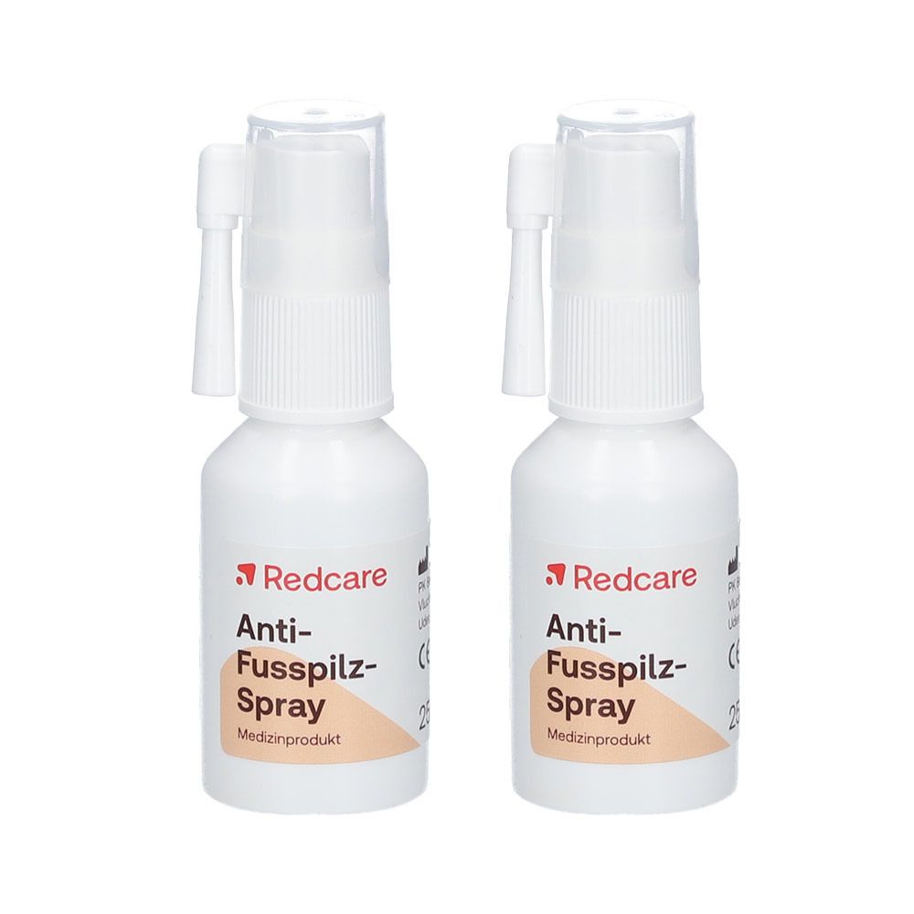 Deux flacons spray blancs avec logo Redcare rouge et texte. Inscription : Anti-Fongique pour les Pieds.