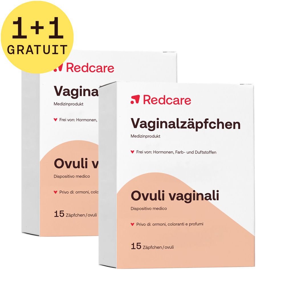 Deux boîtes de suppositoires vaginaux. Inscription : Redcare, Vaginalzäpfchen, Ovuli vaginali. 15 suppositoires. 1+1 GRATUIT.