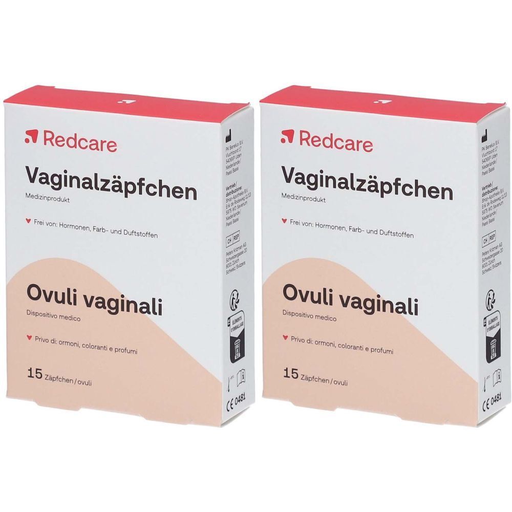 Deux boîtes de suppositoires vaginaux. Inscription : Redcare, Vaginalzäpfchen, Ovuli vaginali. 15 suppositoires par boîte.