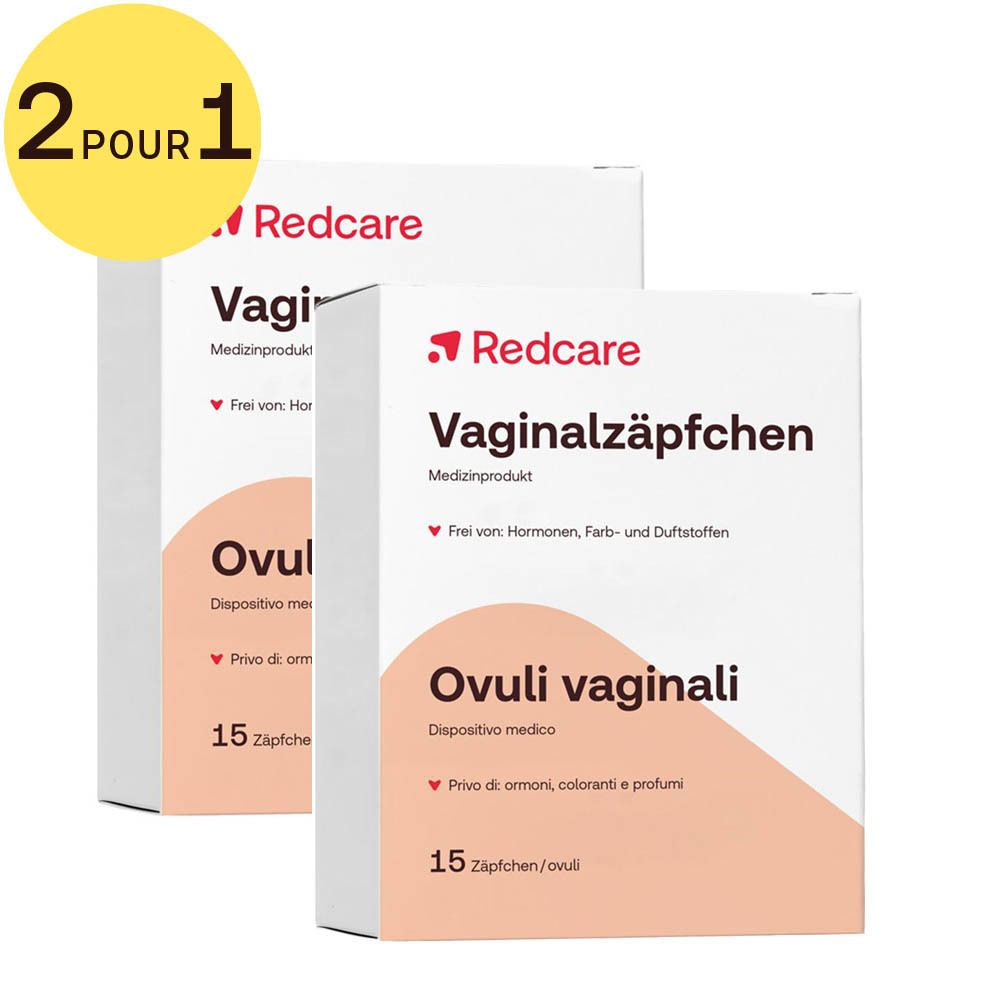 Deux boîtes de suppositoires vaginaux. Inscription : Redcare, Vaginalzäpfchen, Ovuli vaginali. 15 suppositoires. 2 POUR 1.