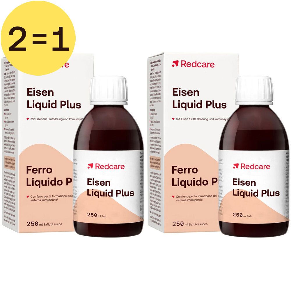 Deux flacons Redcare Eisen Liquid Plus avec emballage. Étiquette avec nom du produit et 1+1 GRATUIT.
