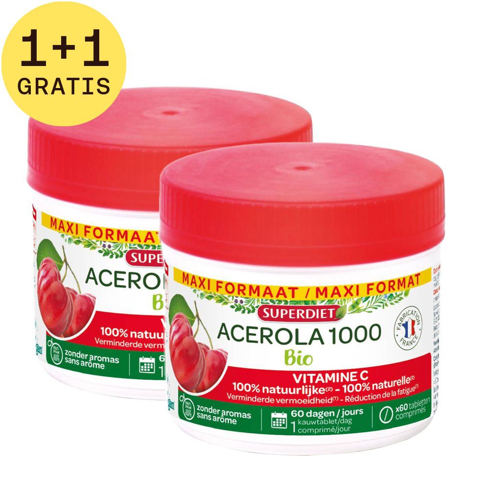 Twee potten Superdiet Acérola 1000 Bio. Rode deksels, witte etiketten met productinfo en kersen. 1+1 gratis.