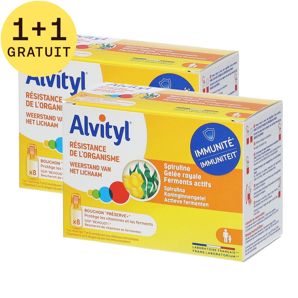 Deux boîtes jaunes Alvityl avec inscription. Inscription: 1+1 GRATUIT. Résistance, Spiruline, Gelée royale, Ferments actifs. Bouclier bleu: Immunité.