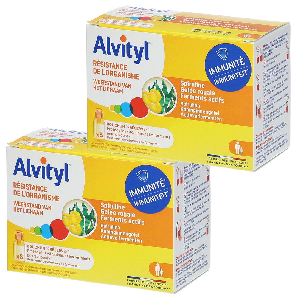 Deux boîtes jaunes Alvityl. Inscription: Résistance de l'organisme, Spiruline, Gelée royale, Ferments actifs. Bouclier bleu: Immunité.