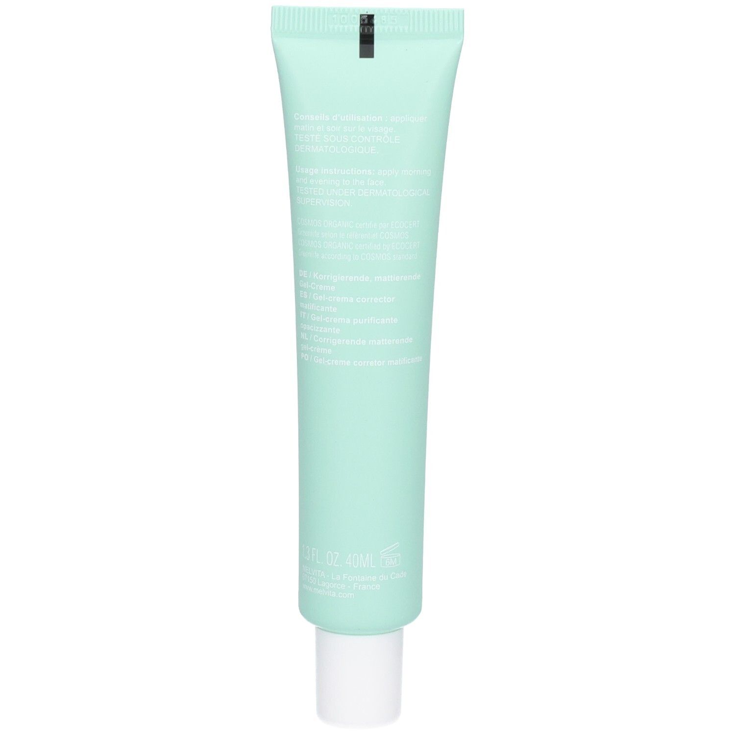 Rückseite der Melvita NECTAR PUR mattierenden Gel-Creme Tube mit Produktinformationen.