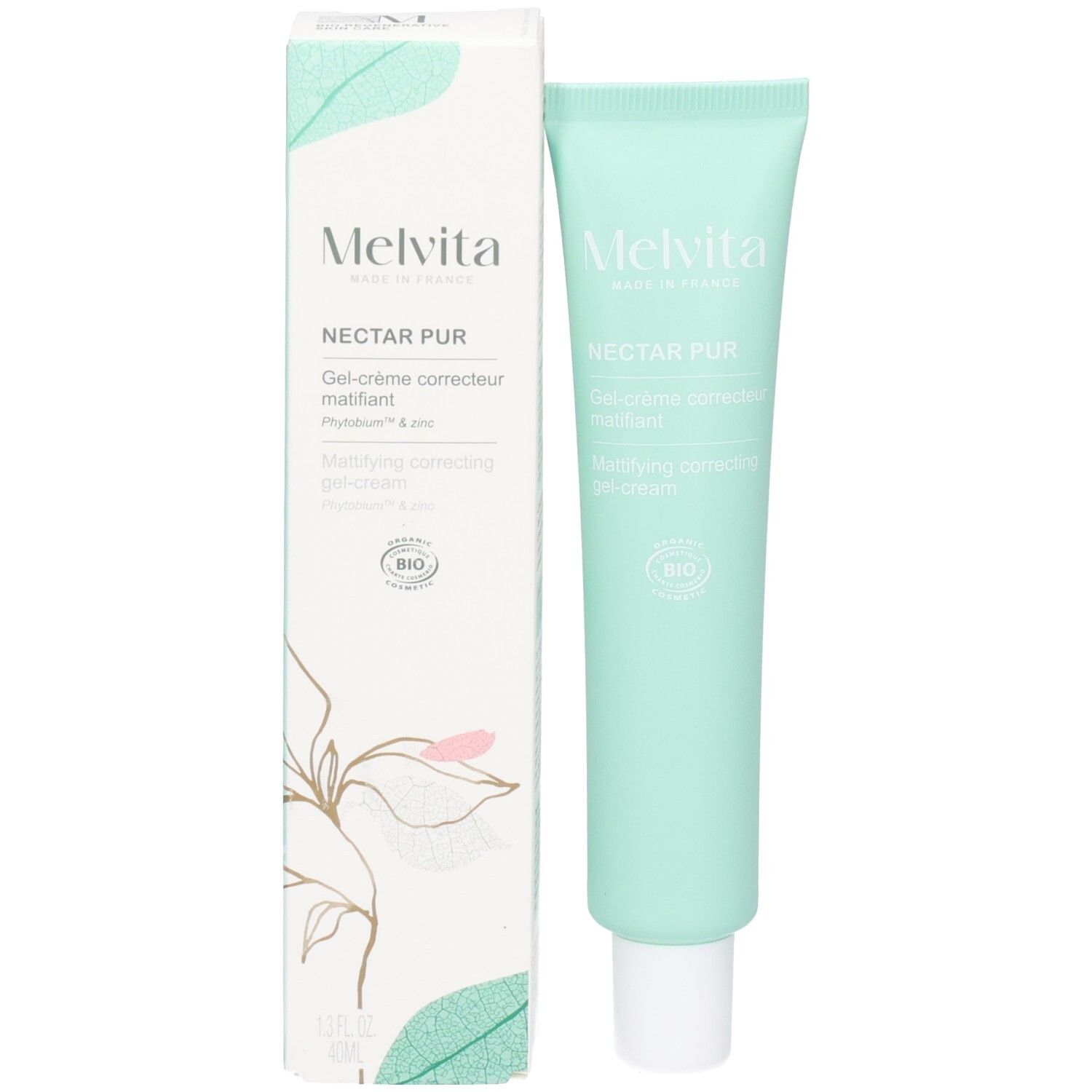 Melvita NECTAR PUR mattierende Gel-Creme neben der geöffneten Verpackung.