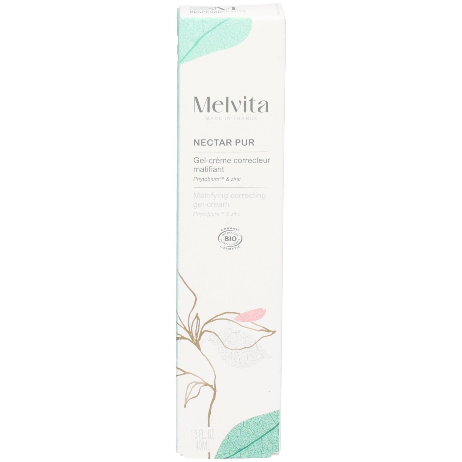 Verpackung der Melvita NECTAR PUR mattierenden Gel-Creme mit floralem Design.