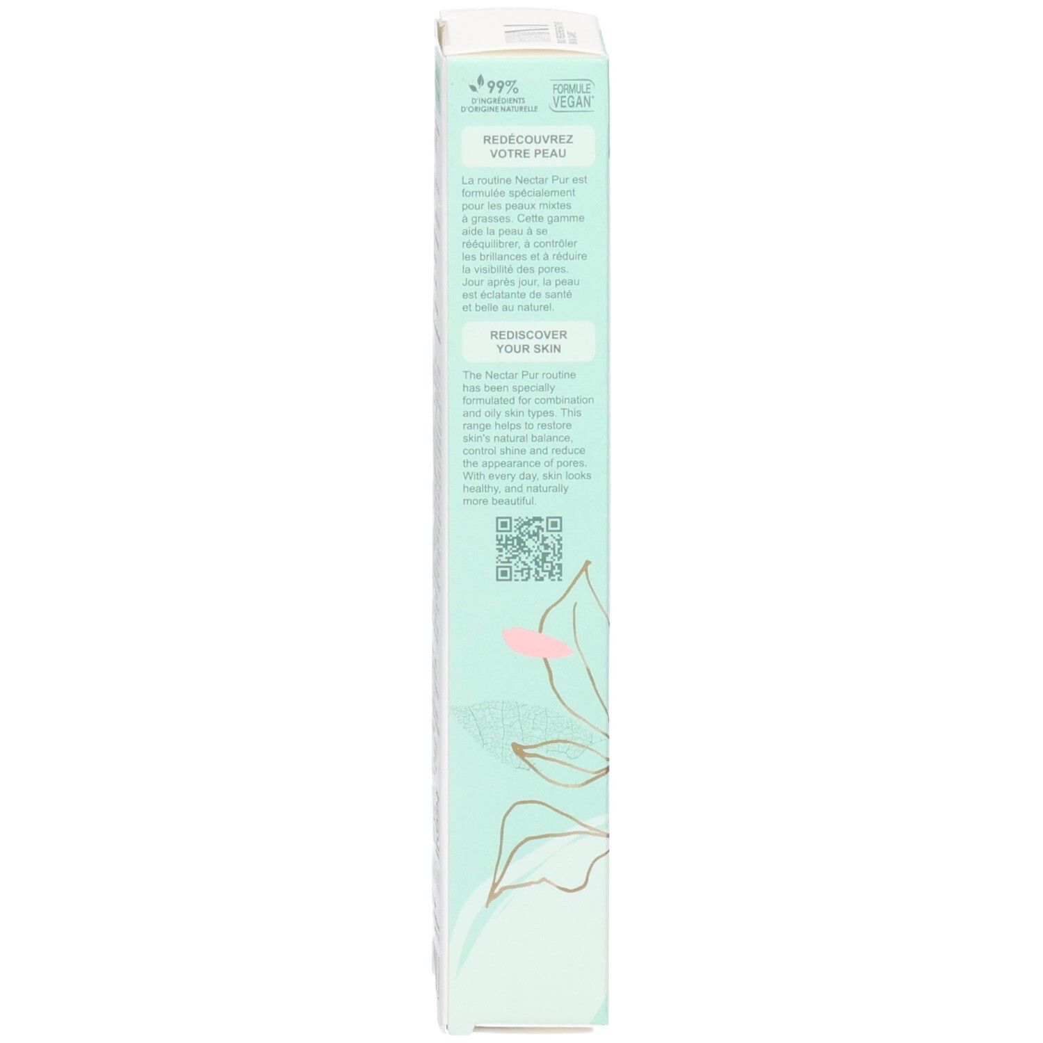 Seite der Melvita NECTAR PUR Verpackung mit Siegeln und QR-Code.