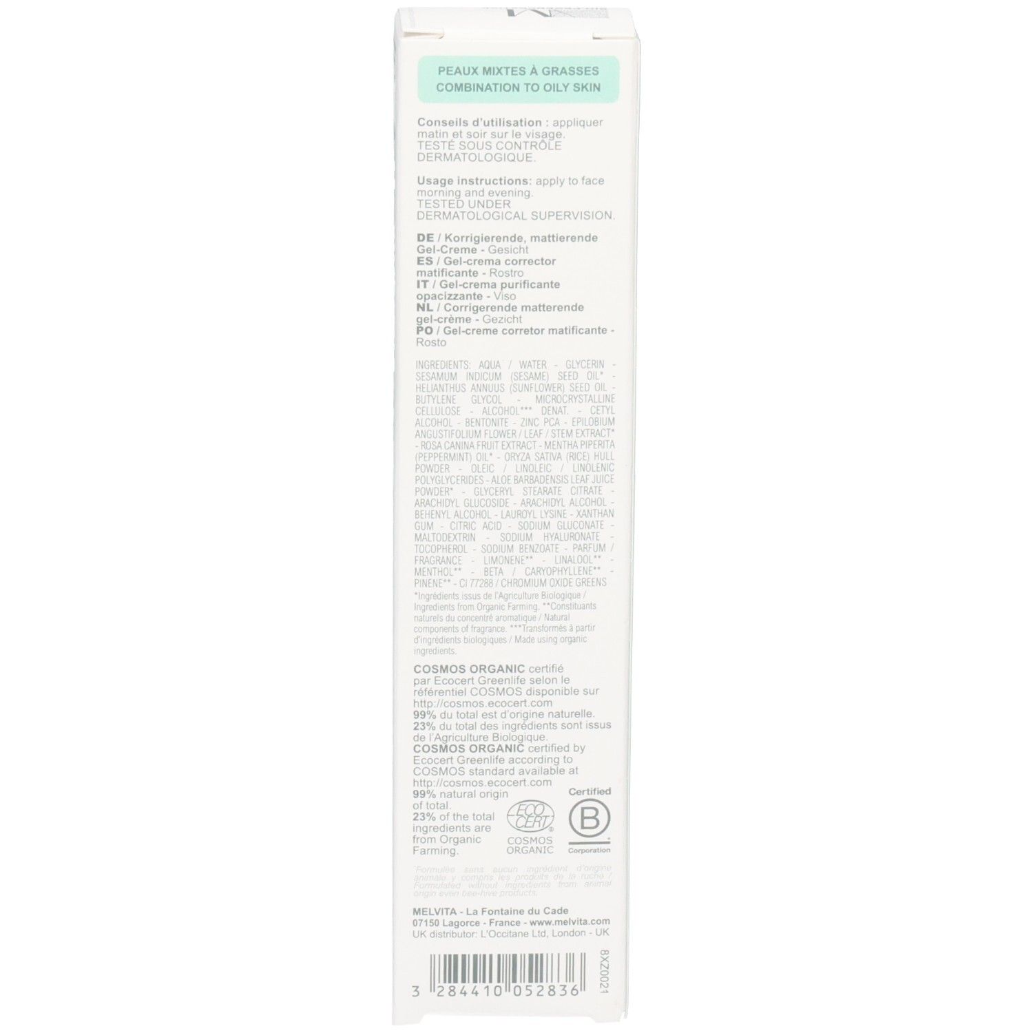 Rückseite der Melvita NECTAR PUR Verpackung mit Anwendungshinweisen und Inhaltsstoffen.