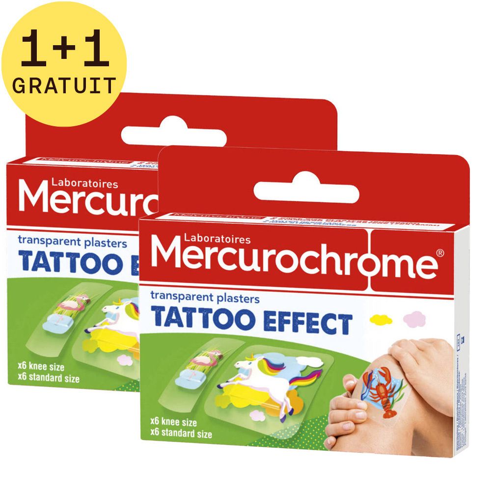 Deux boîtes de pansements imprimés, emballage rouge, texte: Mercurochrome, Tattoo Effect, 1+1 gratuit.