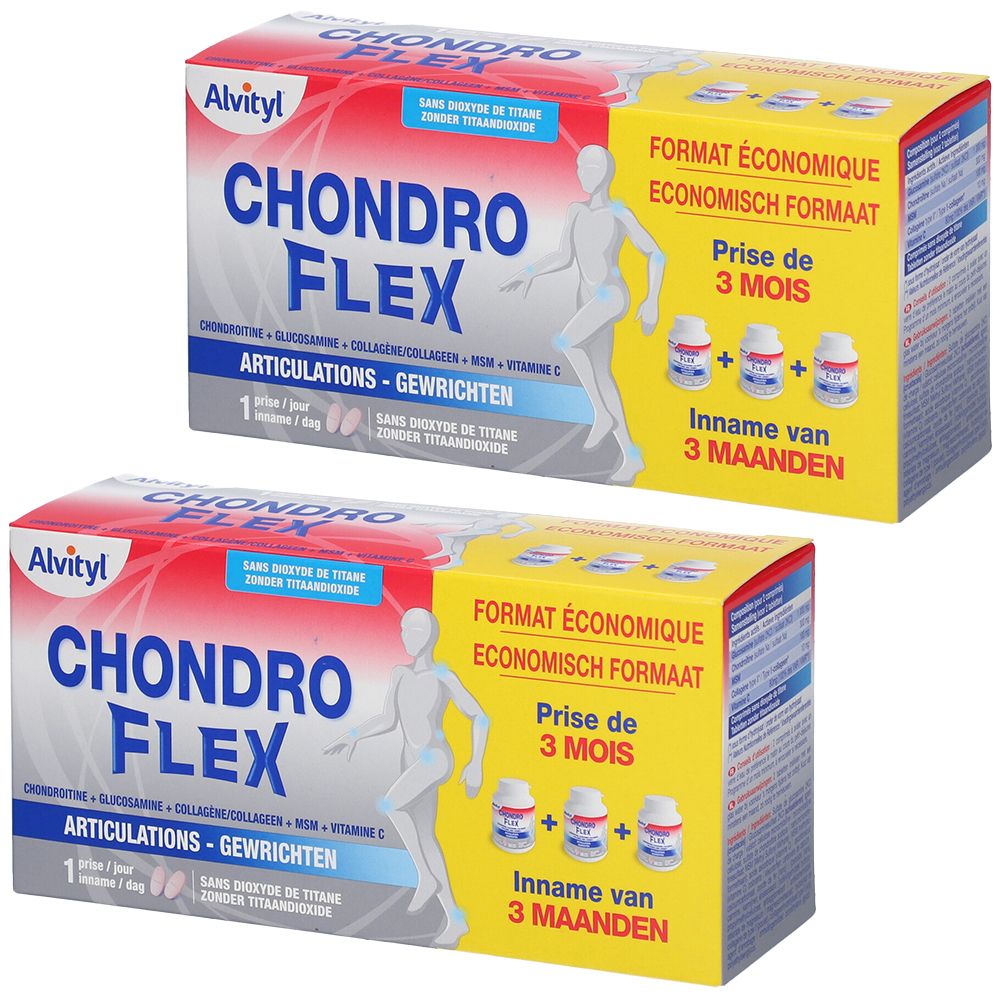 Deux boîtes de Alvityl Chondroflex. Inscription : Chondroflex, Articulations. Emballage jaune et rouge avec illustration d'une personne.