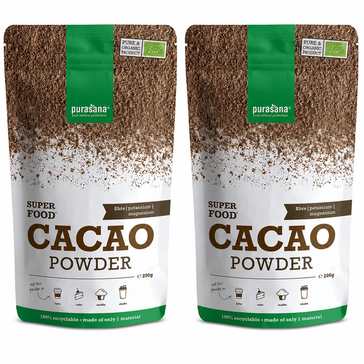 Zwei Beutel purasana® Cacao Powder. Weiße Verpackung mit braunem Pulver, grünem Streifen und Logo. Text: Superfood, Cacao Powder, Bio-Siegel.