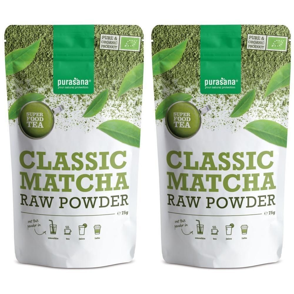 Zwei Päckchen purasana® Classic Matcha Rohpulver, 25g. Bio-Siegel sichtbar.