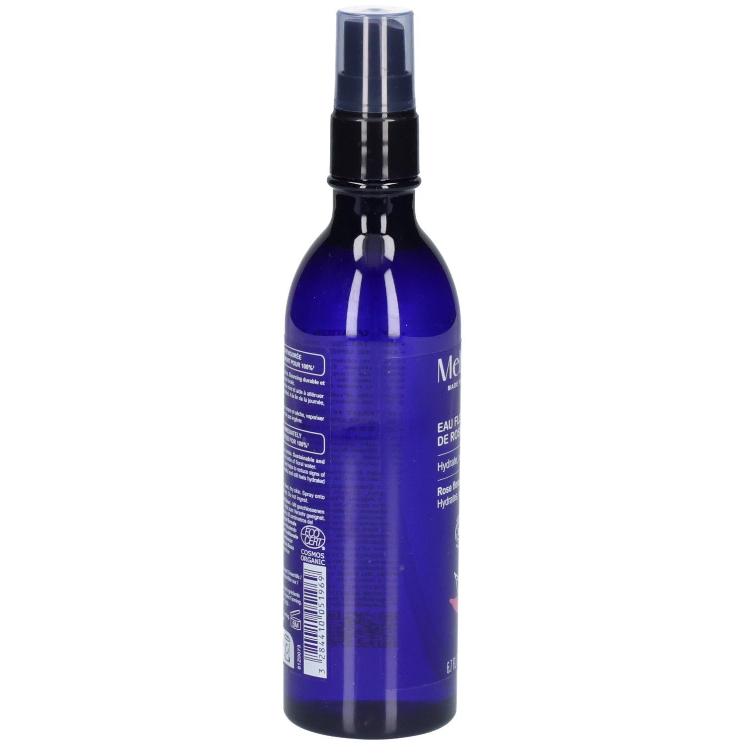 Melvita Eau Florale de Rose, Rückseite der blauen Sprühflasche mit Etikett.