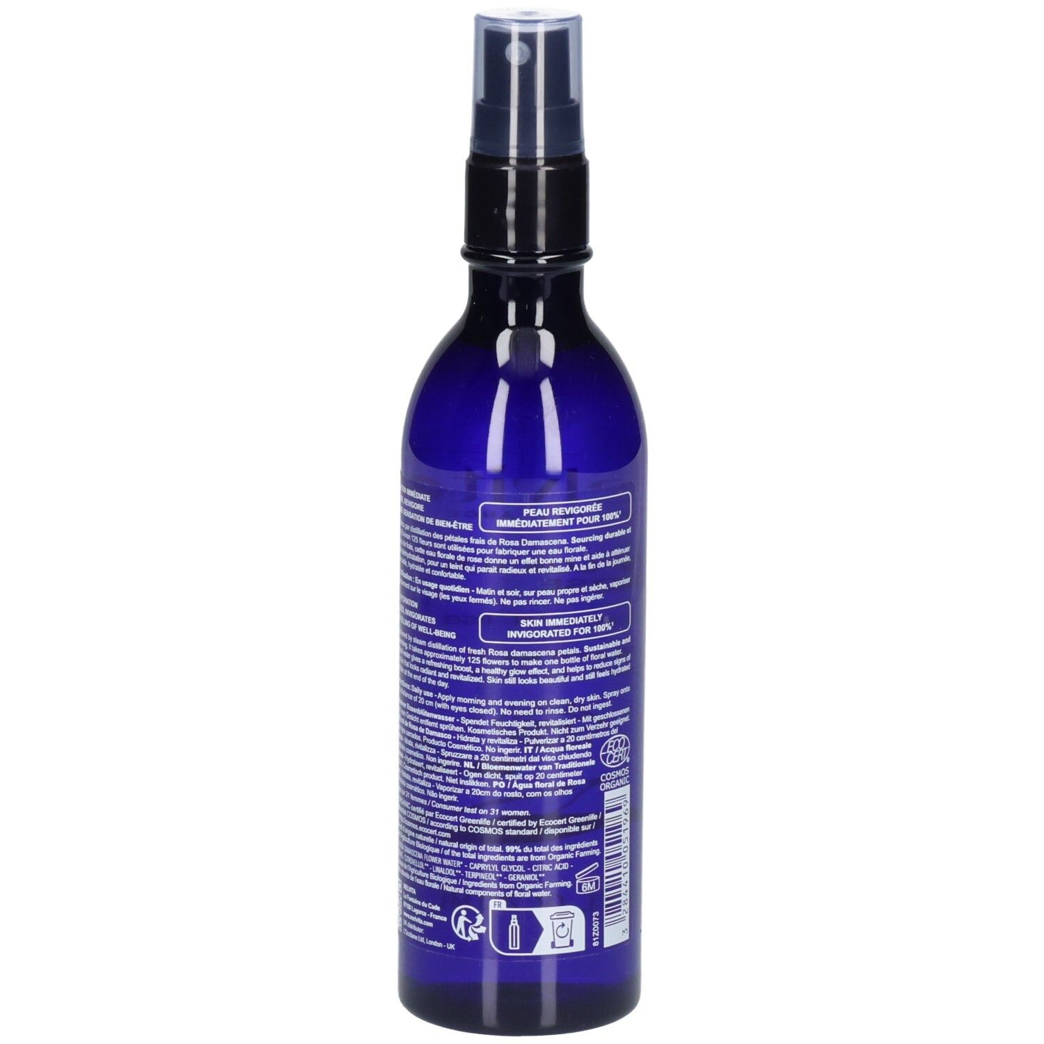 Melvita Eau Florale de Rose, Rückseite der blauen Sprühflasche mit Etikett und Bio-Siegel.