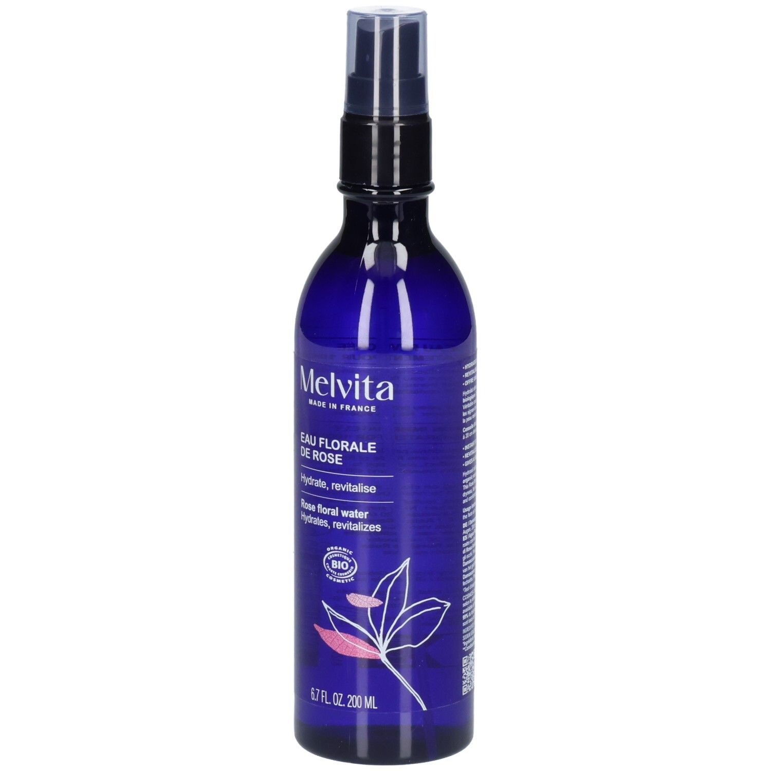 Melvita Eau Florale de Rose, blaue Sprühflasche mit Etikett, Vorderansicht.