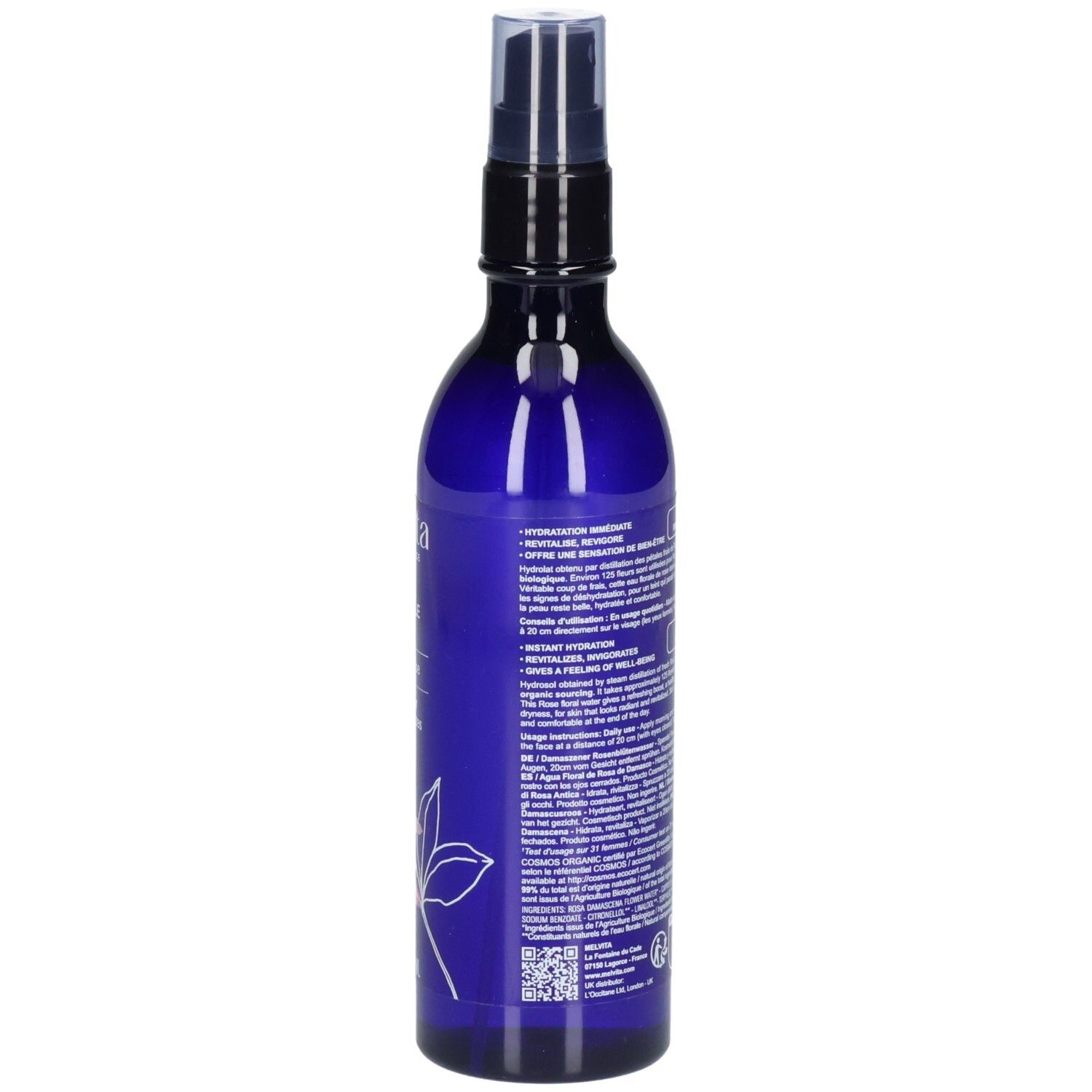 Melvita Eau Florale de Rose, Seite der blauen Sprühflasche mit Etikett und Bio-Siegel.