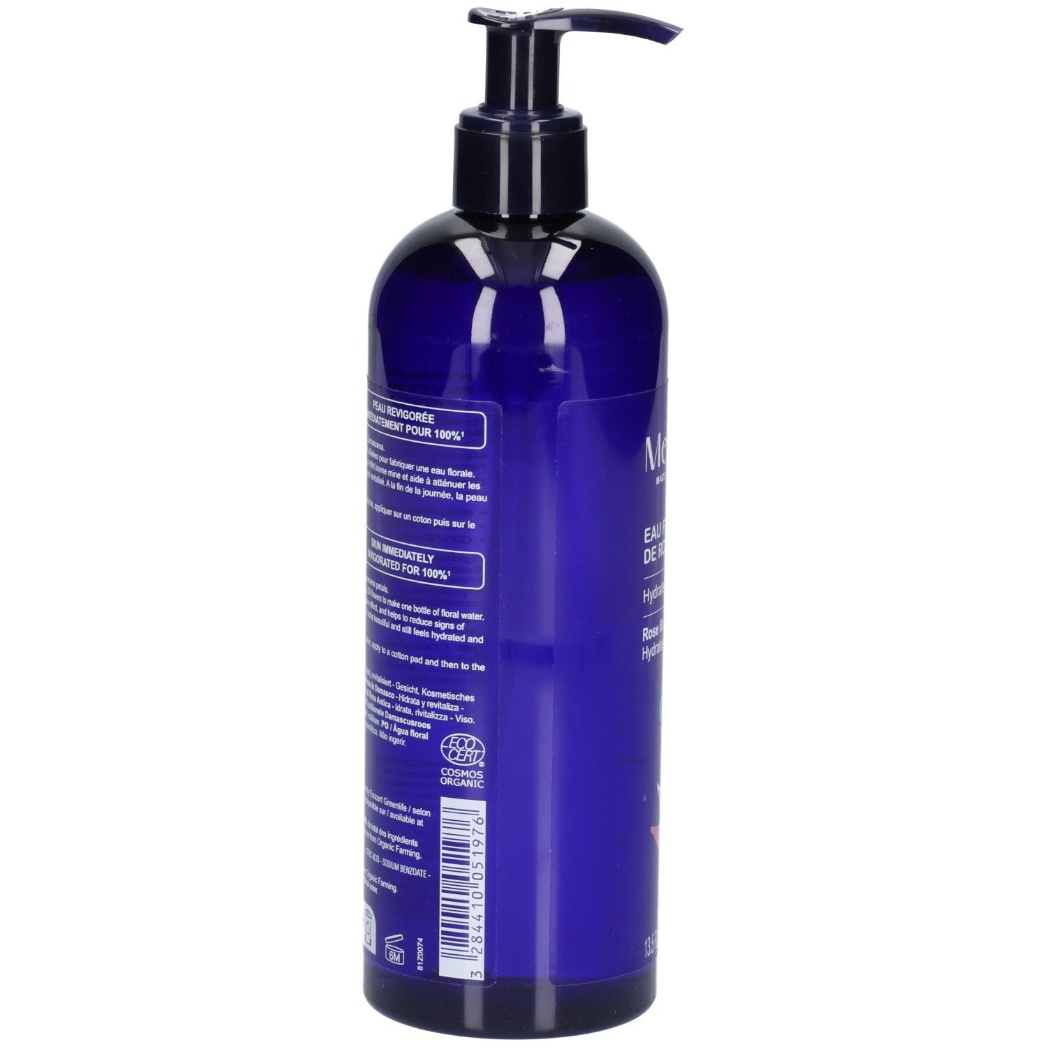 Rückseite Melvita Eau Florale de Rose, 400 ml, mit Bio-Siegel.