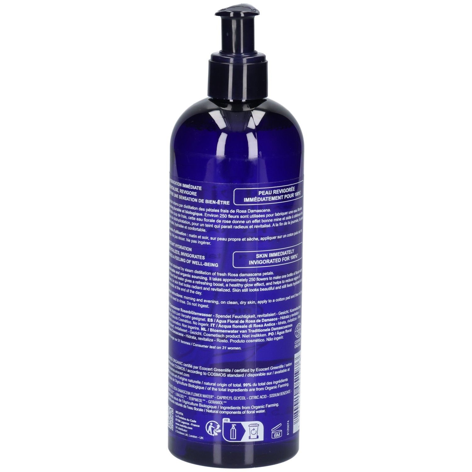 Rückseite Melvita Eau Florale de Rose, 400 ml, mit Anwendungshinweisen.