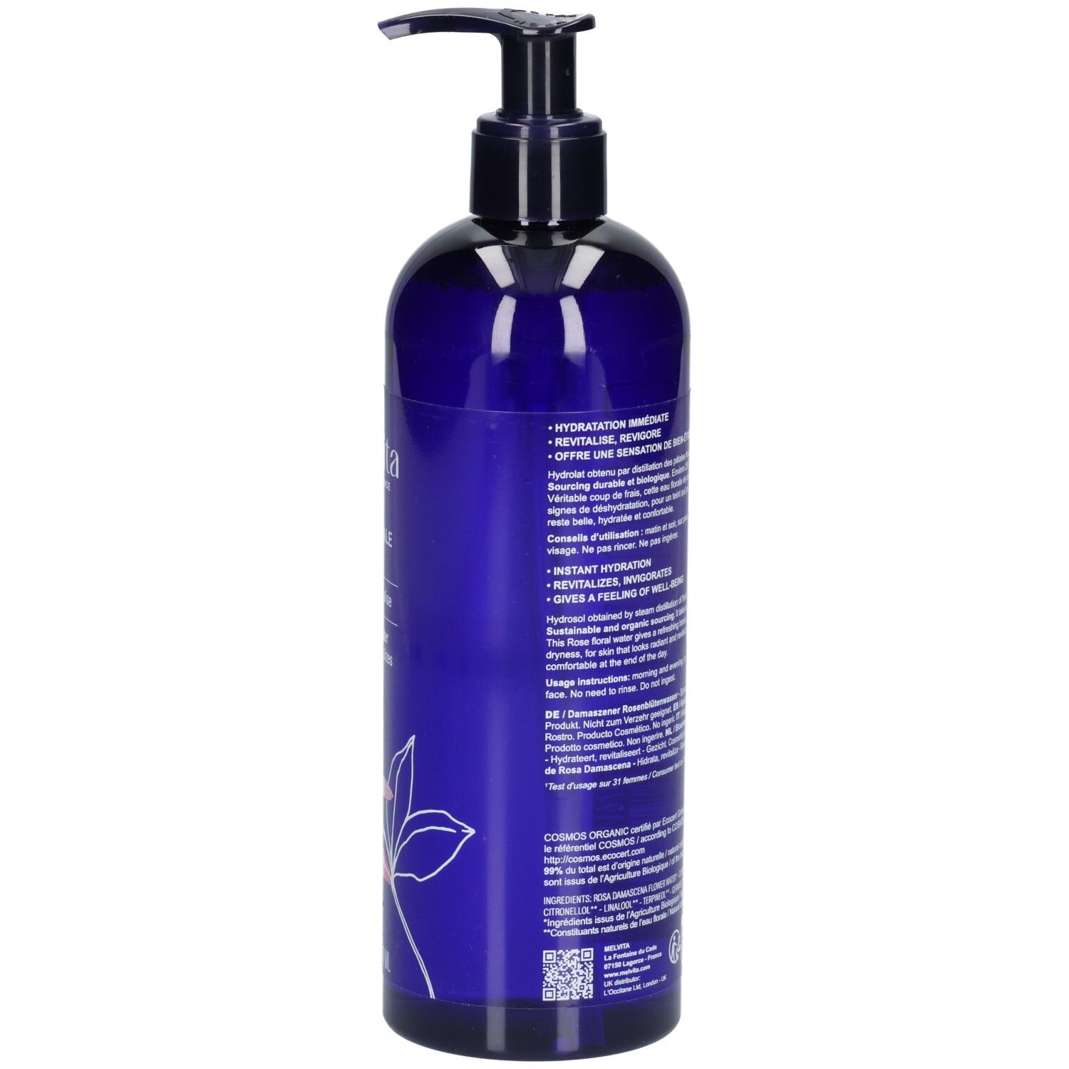 Rückseite Melvita Eau Florale de Rose, 400 ml, mit Bio-Siegel und Anwendungshinweisen.