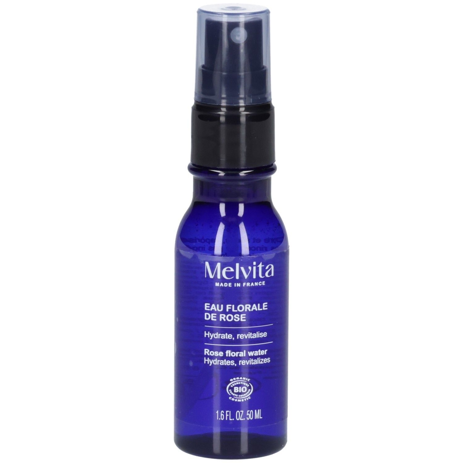 Melvita Rosenblütenwasser 50 ml Pumpsprühflasche, blaues Glas, mit Etikett und BIO-Siegel.