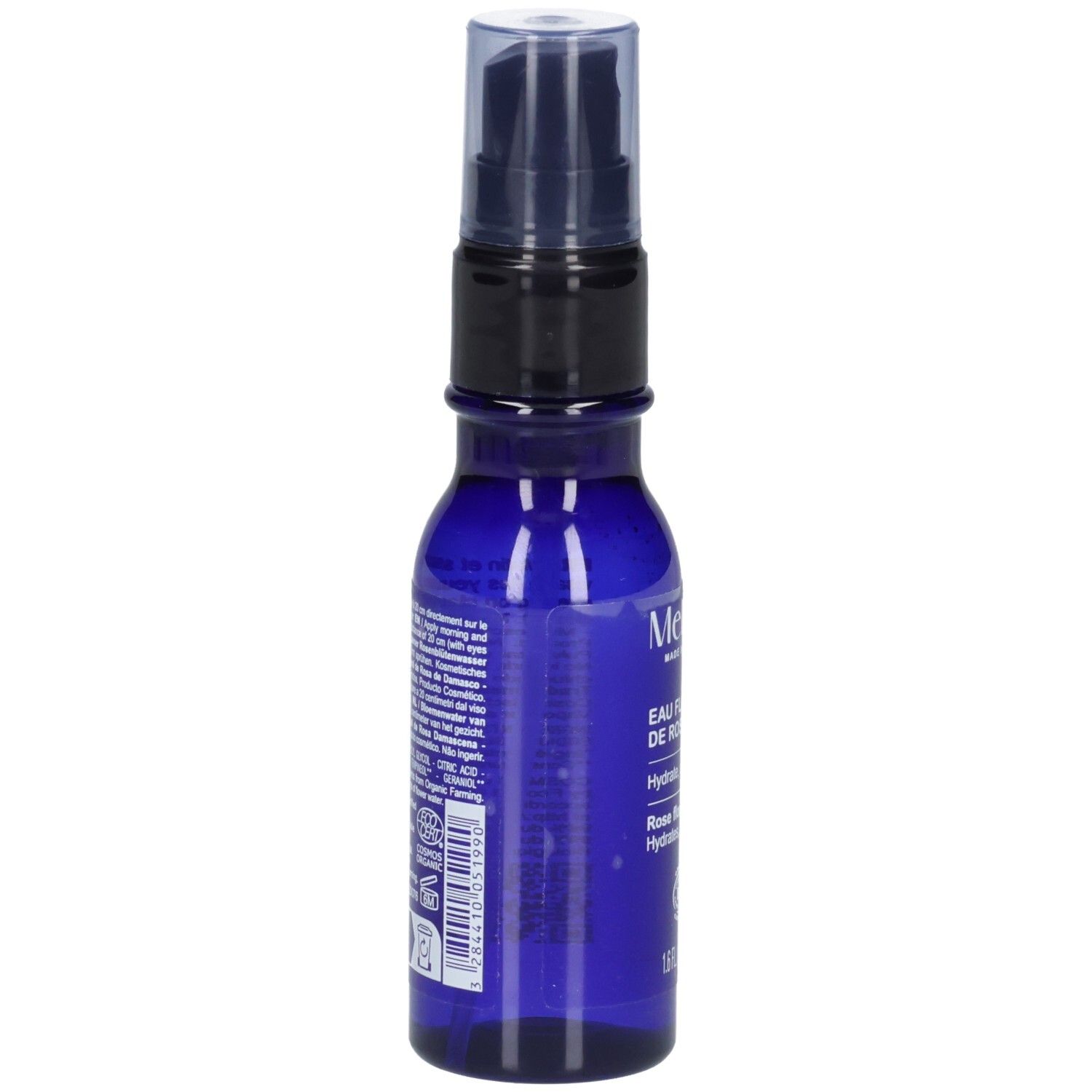 Rückseite einer Melvita Rosenblütenwasser 50 ml Pumpsprühflasche mit Etikett und Inhaltsstoffen.