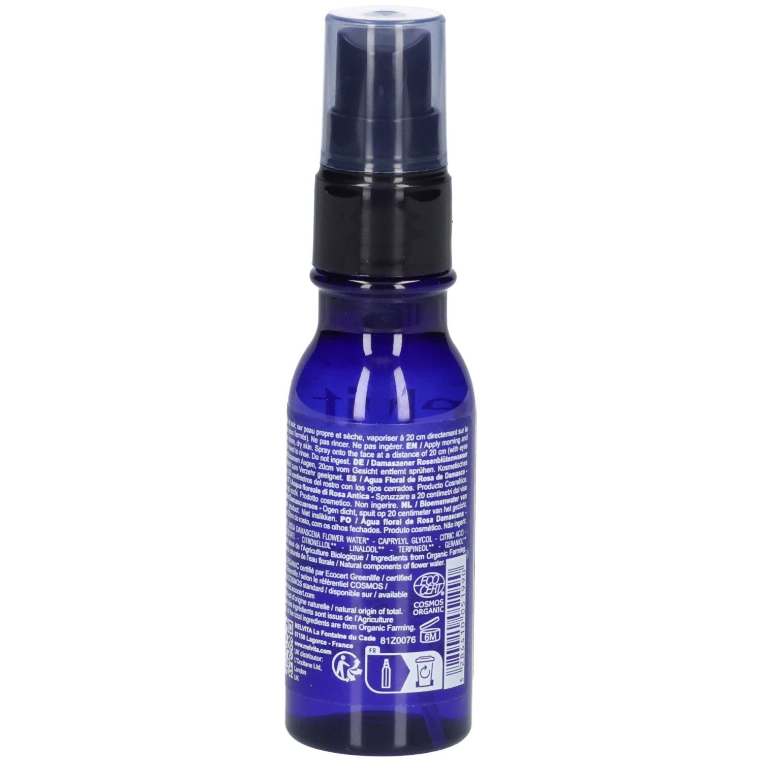 Rückseite einer Melvita Rosenblütenwasser 50 ml Pumpsprühflasche mit Etikett, Inhaltsstoffen und QR-Code.