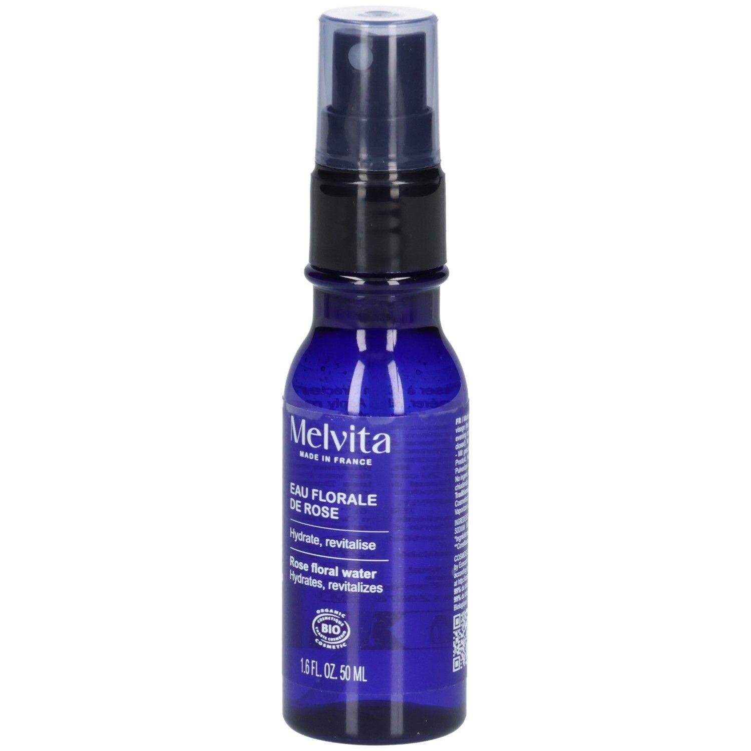 Melvita Rosenblütenwasser 50 ml Pumpsprühflasche, blaues Glas, mit Etikett und BIO-Siegel.