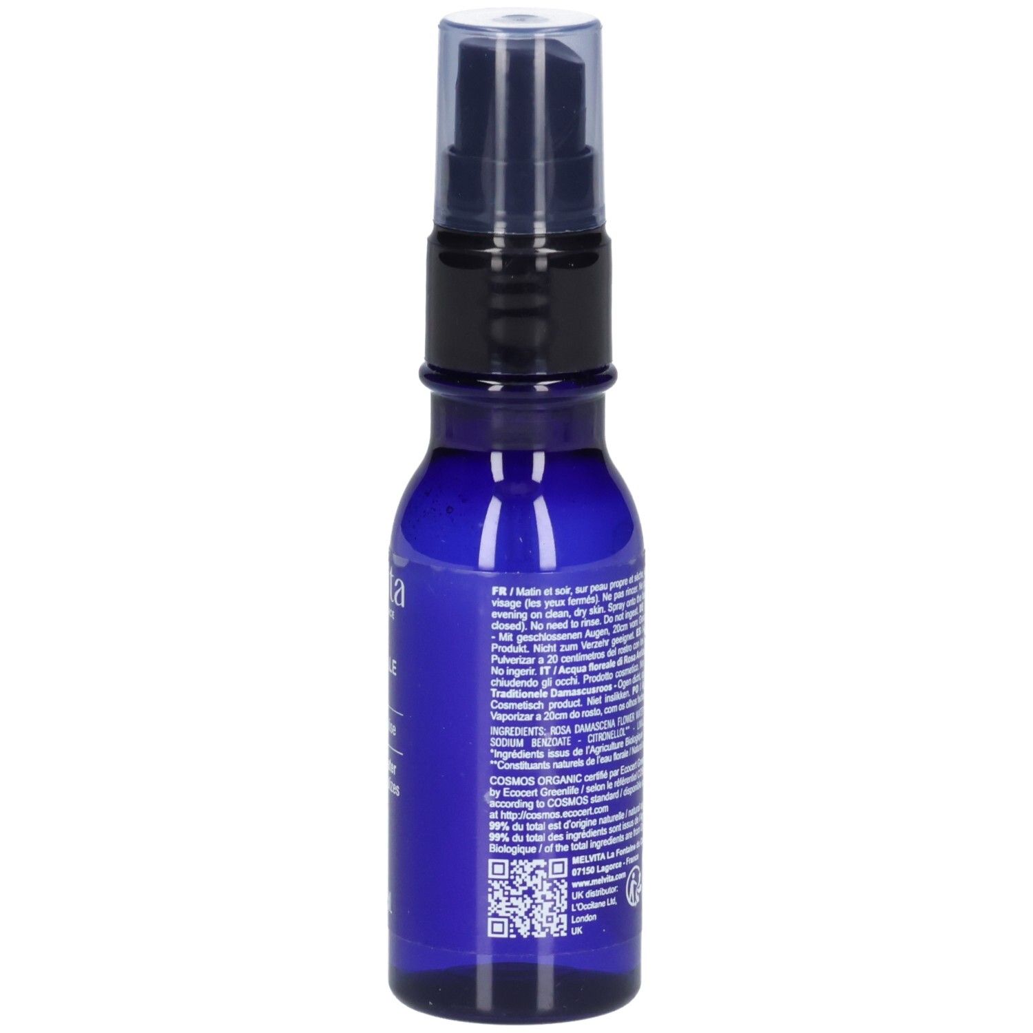 Rückseite einer Melvita Rosenblütenwasser 50 ml Pumpsprühflasche mit Etikett, COSMOS ORGANIC-Siegel und QR-Code.
