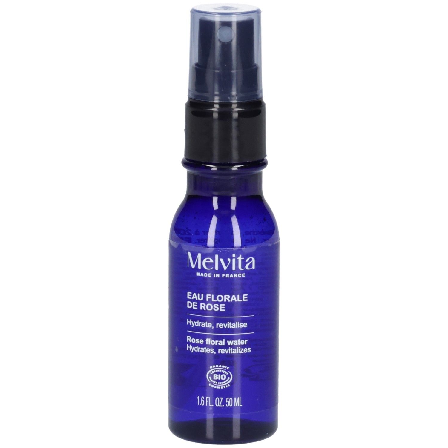 Melvita Rosenblütenwasser 50 ml Pumpsprühflasche, blaues Glas, mit Etikett und BIO-Siegel.