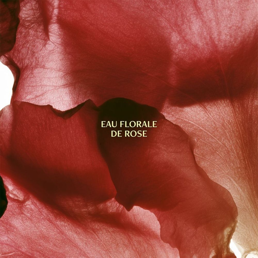 Abstrakte Darstellung von roten Blütenblättern mit dem Text "EAU FLORALE DE ROSE".